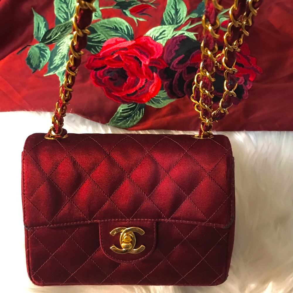 Authentic Chanel Bordeaux Silk Satin Mini Square Bag